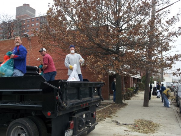 Paul, Mark and Fernando handing out Red Cross survival kits off the back of our truck in Coney Island, Brooklyn.